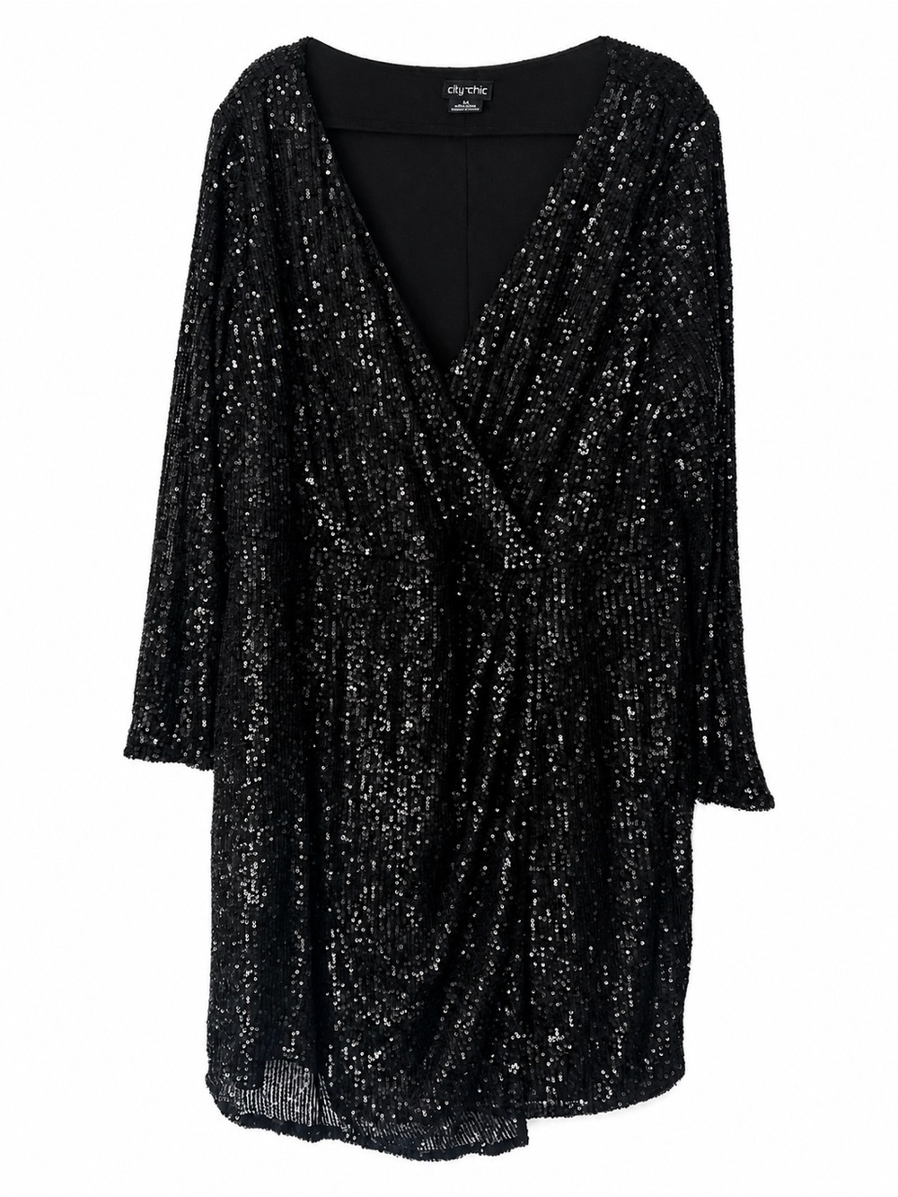 City Chic Black Sequin Wrap Dress Women’s L/20 Plus Size Long Sleeve  Dress